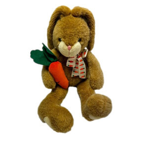 Vintage 1988 Crisha Playful Brown Plush Bunny With Carrot Stuffed Animal